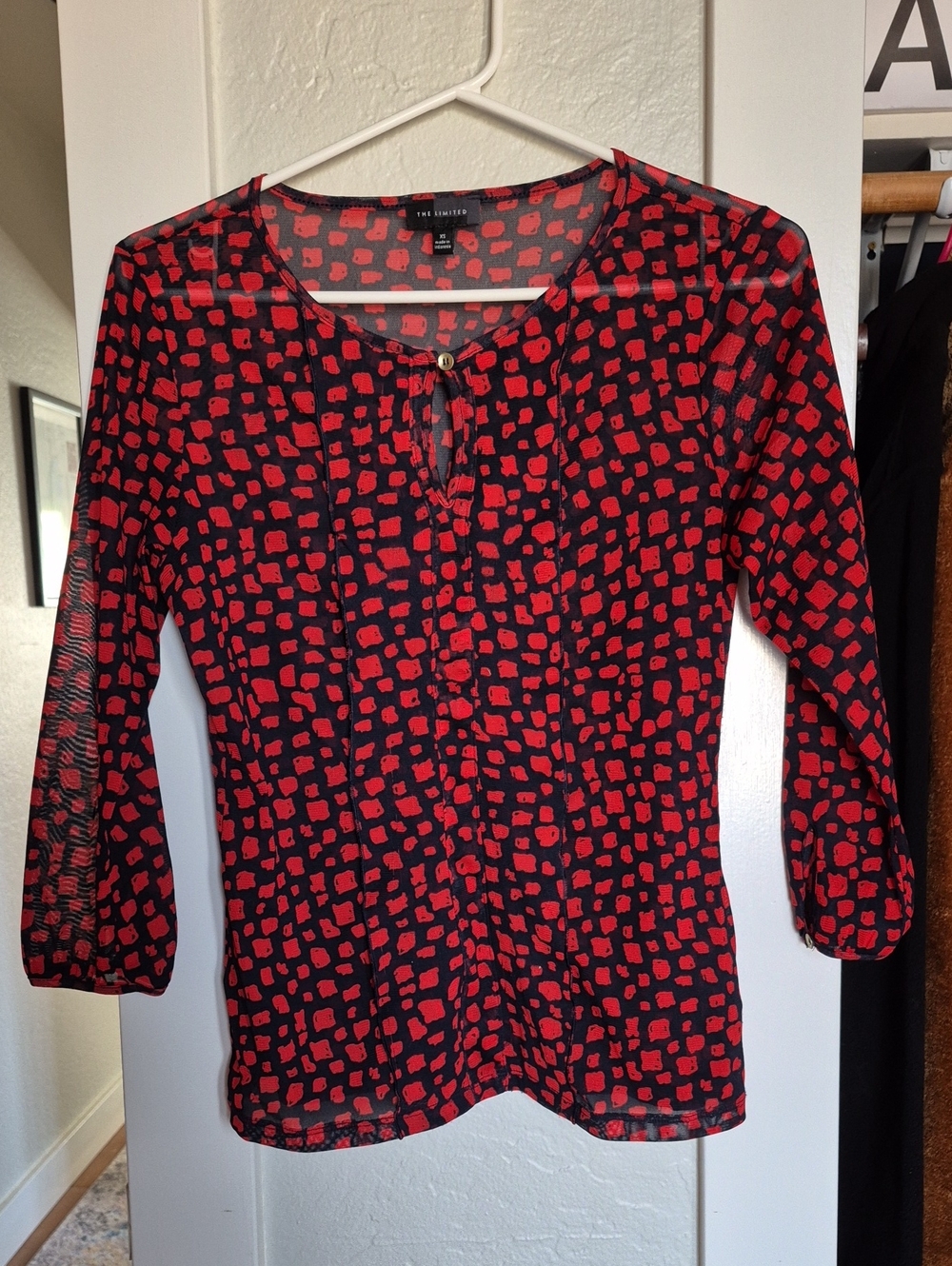 The Limited Semi Sheer Black Top with Red Abstract Print Size XS
